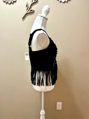 NWT Social Collision Faux Suede Fringe Black Top Size Medium thumbnail 4