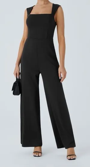 Halara Black Square Neckline Sleeveless Wide Leg Business Casual Jumpsuit S thumbnail 1