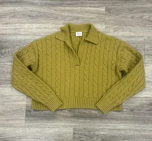Sunday Best Olive V-Neck Cable Knit Sweater Small Cropped thumbnail 1