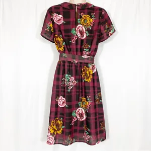 ModCloth Burgundy Floral Buffalo Check Joyfully Poised Collared A-Line Dress thumbnail 5