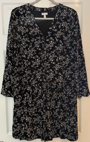 Garnet Hill Dress 10 Black‎ Floral Baby Doll Pockets Drop Waist Long Sleeve EUC thumbnail 1