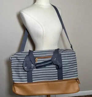 DSW Blue Cognac Weekender Duffel Travel Tote Bag Convertible Shoulder Carry thumbnail 1