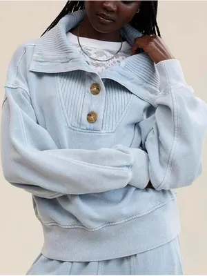 Aerie Light Blue Ribbed Collar Pullover with Button Placket thumbnail 1