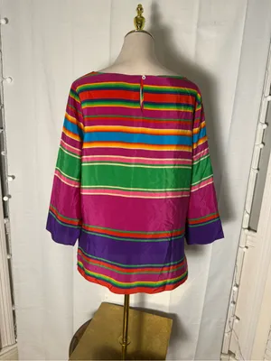 Lauren Ralph Lauren XL Rainbow Stripe 100% Silk Blouse Colorful Tunic Top thumbnail 2