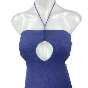 Women's Navy Blue Glitter Sleeveless Halter Cutout Tie Back Midi Dress Size XS thumbnail 3