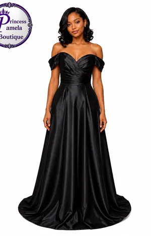 #4 B - 5 Black full-length formal satin dress-Medium -Size 10 thumbnail 1