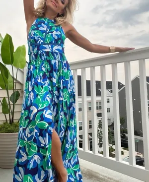 Abel the Label Blue Floral Maxi Dress Size Medium Halter Neck Open Back Tropical thumbnail 1