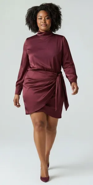 Asos Design Curve Burgundy Satin Mini Dress Tie Waist High Neck Womens Size 18 thumbnail 1