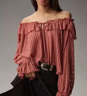 By Anthropologie Sheer Striped Blouse Top plus XXL 2X NEW BOHO rose long sleeve thumbnail 1
