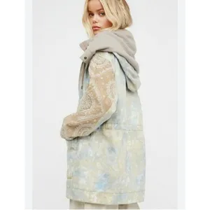Free People embroidered sleeve Tie Dye layered denim parka jacket M thumbnail 2