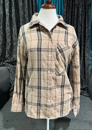 Women Plaid Tan & Black Collared Long Sleeve Buttondown Relaxed Fit Shirt‎ Sz L thumbnail 1