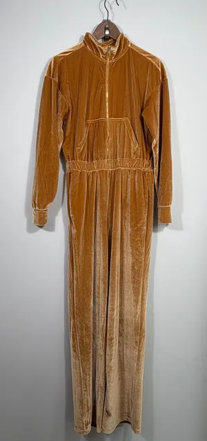 Fabletics Gold Velvet Jumpsuit Long Sleeve Zip Front Wide Leg Size M thumbnail 1