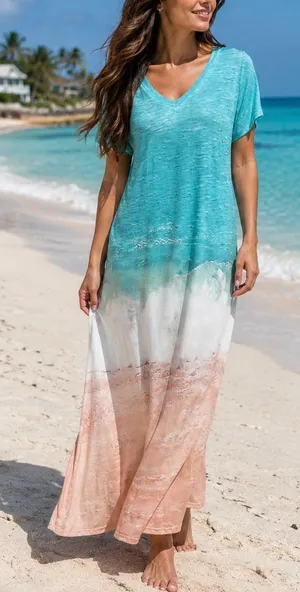 V-Neck Ombre Beach Maxi Cover-Up in Turquoise and Peach thumbnail 1