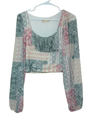 Altar'd State Patchwork Pastel Boho Crop Top Long Sleeve Blue Pink Large NWT thumbnail 1