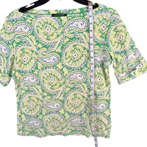 Lauren Ralph Lauren Top Womens M Green Yellow Cotton‎ Paisley Preppy Old Money thumbnail 7