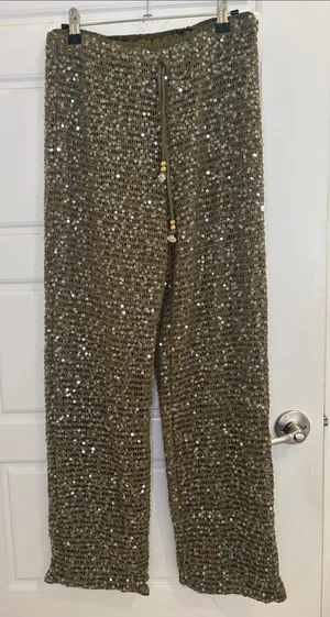 Olive Sequin Crochet Wide Leg Pants Boho Festival Resort Size M thumbnail 1