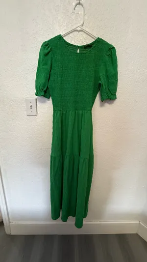 Boho Green Smocked Maxi Dress - Puff Sleeve Tiered Long Dress - Size S thumbnail 7