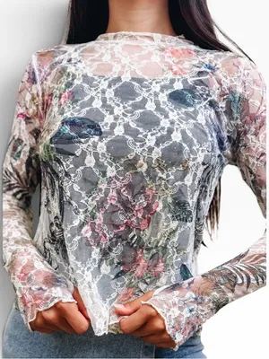 Oragami Floral Lace Mesh top with mini Rhinestone accents size Large thumbnail 8