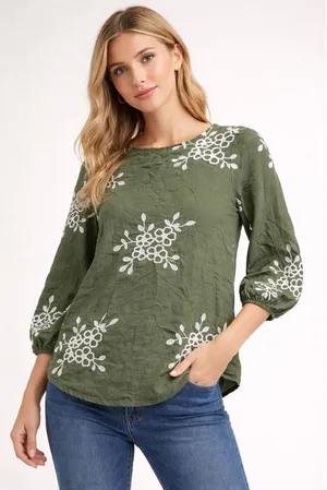 Kindred Petite Women's Olive Green Floral Embroidered Blouse PS thumbnail 1