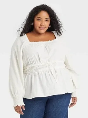 Long Sleeve Peplum Tie-Back Blouse-Cream-2x-Ava & Viv thumbnail 1