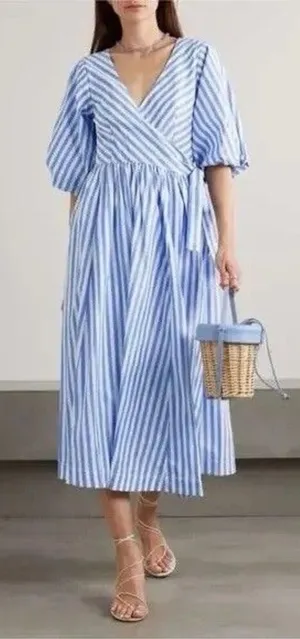 Staud Jodie Midi Wrap Dress Sea Stripe S Bridal Wedding Guest Coastal Nautical thumbnail 1