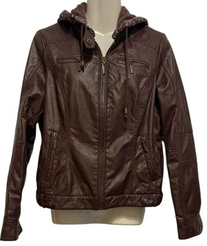 JouJou Juniors Jacket Vegan Faux Leather Knit Hood Motorcycle Jacket Size L thumbnail 1