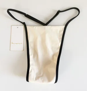 Lovewave Revolve Womens Cream Black Contrast High Cut‎ T-Back Bikini Bottoms S thumbnail 1