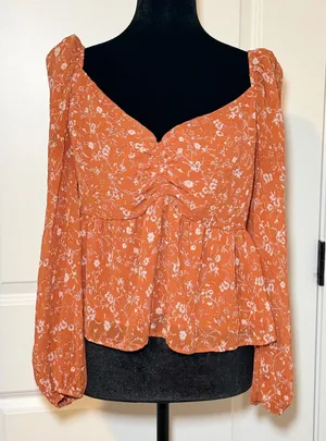 ASTR The Label Rust Floral Plisse Peplum Top Orange Size Large Boho Chic thumbnail 1