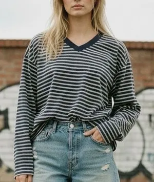 Vintage Hi-Line Size S Vneck Henley‎ Blue Stripe Oversized Cotton Long Sleeve thumbnail 1