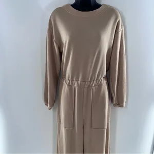 WinWin Refuge Tan Textured Knit Fabric Long Sleeve Jumpsuit w/Deep V Back-Sz S thumbnail 2