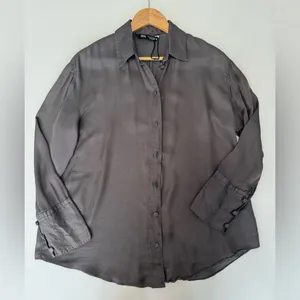 Zara Button Down Shirt Long Sleeve‎ Collared Blouse Top Gray Size M thumbnail 8