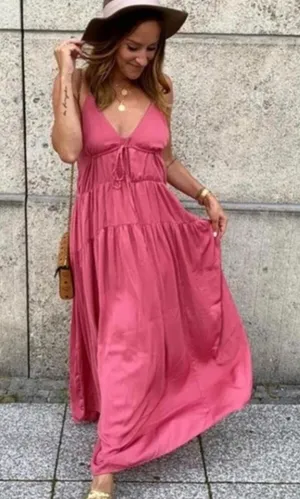 ZARA Babydoll Satin Tiered Cami Maxi Dress in Plum Pink XS/S $89 thumbnail 1
