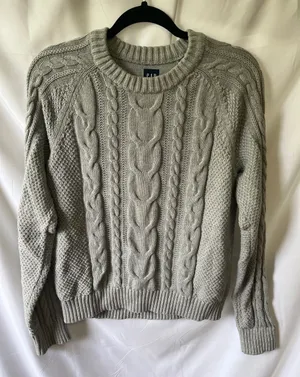 GAP Women's Light Gray Cable-Knit Crewneck Sweater thumbnail 1