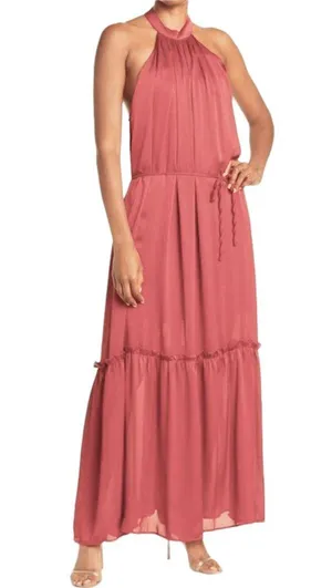New One One Six Open Back High Neck Sleeveless Tiered Maxi Dress Clay Size Large thumbnail 1