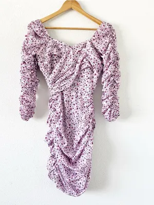 NICHOLAS Floral Ruched Mini Dress Size 4 Pink Purple Puff Sleeve Sweetheart thumbnail 2