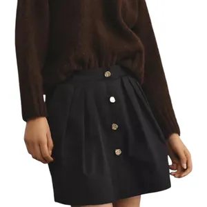 Anthropologie Black Pleated Mini Skirt Gold Buttons Size XL thumbnail 1