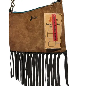 NWT: Justin Boots Brand Tooled Embossed Fringe Convertible Bag thumbnail 2