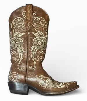 Wildflowers Bluebonnet Size 6 Brown Leather Rose Embroidered Cowboy Boots‎ Rodeo thumbnail 1