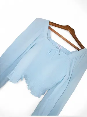 Celebrity Pink Blue Smocked Crop Top Large Cottagecore Balloon Sleeve Peasant thumbnail 4