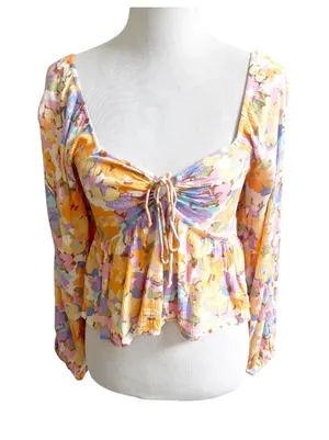 Billabong Blouse Womens Medium Multicolor Floral Smocked Cropped Sweetheart Neck thumbnail 1