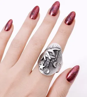 NEW Celestial Moon Star Faux Silver Statement Ring Sz 7 Witchy Gothic Grunge Alt thumbnail 1