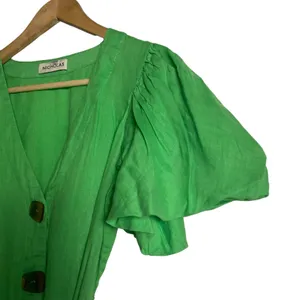 Nicholas Troy Green Linen Button Front Tie Waist Short Sleeve Dress Size 4 thumbnail 5