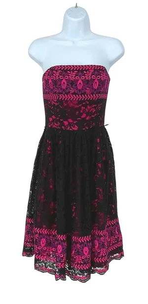 Betsey Johnson Pink Black Lace Strapless Party Dress Size 0 Prom‎ Evening thumbnail 1