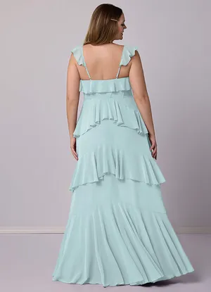 NWT Azazie X Barbie 1025 A-Line Sweetheart Neckline Chiffon Ruffle Detail Maxi Dress Mist Blue thumbnail 3