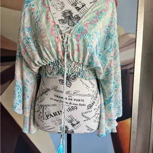 Bohemian bell sleeve paisley hippie cropped top medium thumbnail 2