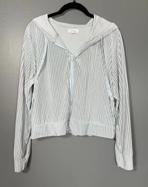 Colsie Women's Light Gray Cropped Ribbed Velour Zip Up Hoodie Sweatshirt - Large thumbnail 1