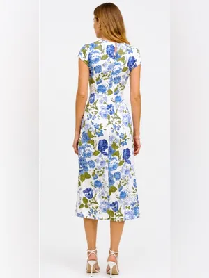 NWT Reformation Blue Floral Midi Dress Slit Ruched Cottagecore Wedding Guest thumbnail 2