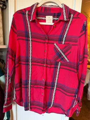American Eagle Outfitters Red Western Plaid Flannel Button Up Shirt thumbnail 1