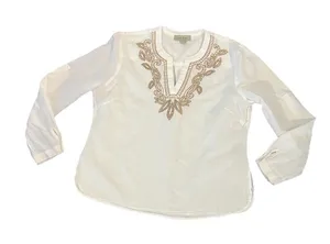 Charlie Paige Women’s Top Large Linen Blend Embroidered Roll Tab Sleeves‎ thumbnail 1