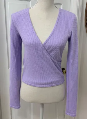 Aerie Waffle Knit Wrap Top Sz S Lavender Thermal Soft Girl Chic Balletcore Lilac thumbnail 1